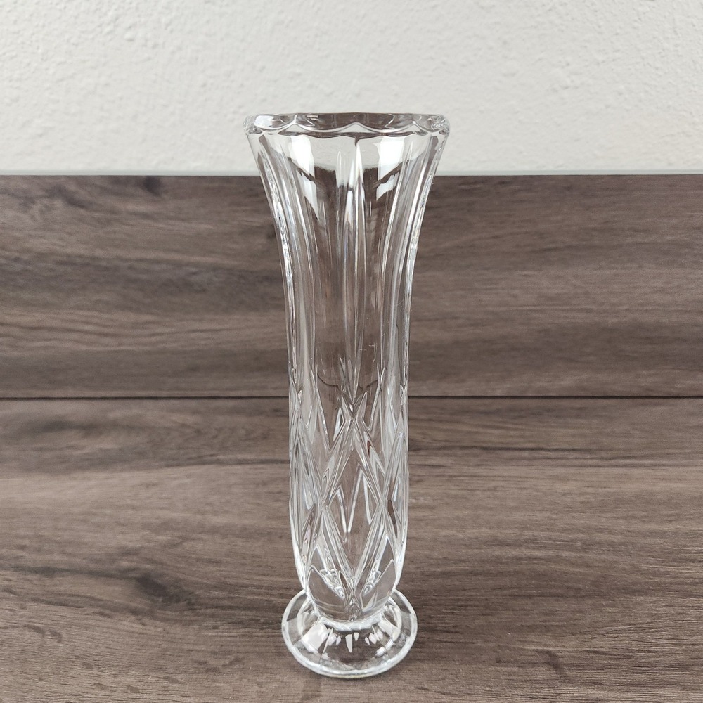 Crystal Bud Vase Clear Tapered Diamond Cut Pedestal Base 8.5"